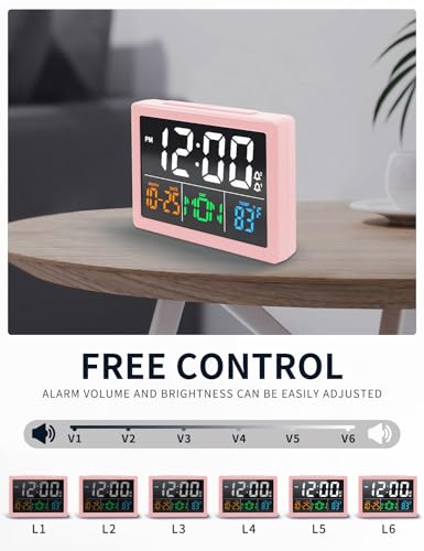 JALL Digital Clock with Date Day for Seniors, Electric Alarm Clocks for Bedrooms with Temperature, 2 Alarms, Dimmer, Dual USB Charger, Battery Backup, Volume Control, Snooze, Bedside Desk Clock, Pink - color: Pink