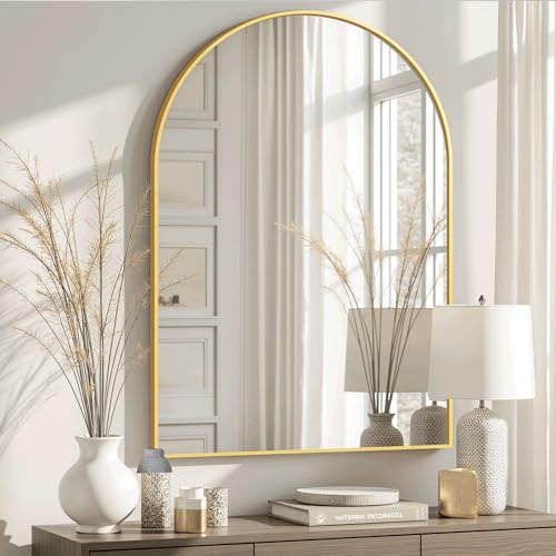 Arched Bathroom Mirror for Wall, 38" x 26" Metal Frame Vanity Mirror, Gold - color: Gold, size: 38"L x 26"W