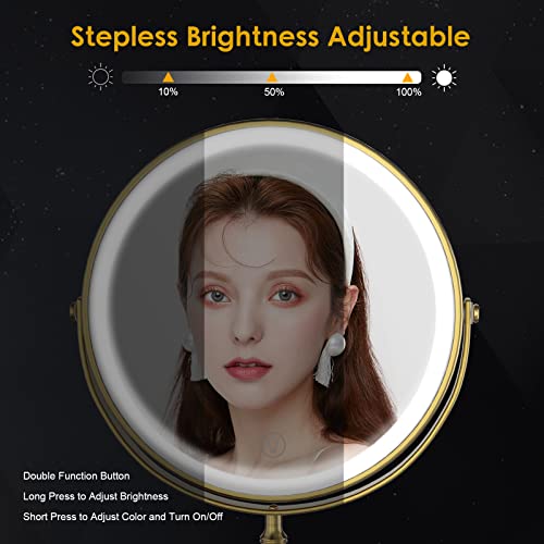 DEIOVWXS Makeup Mirror, Rechargeable Vanity Mirror with 3 Lights, 1X/10X - color: Brushed Bronze