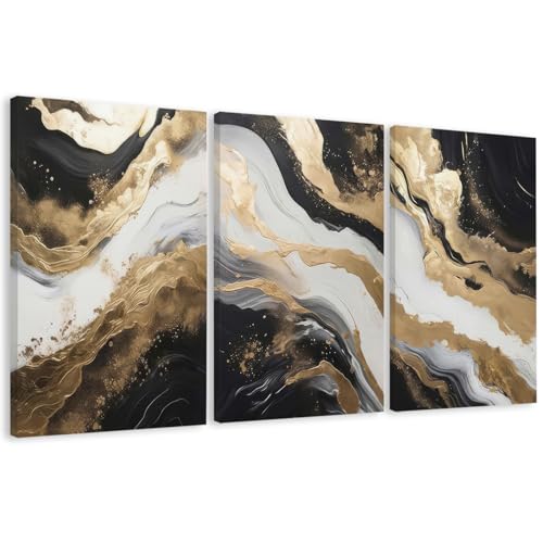 EJPFOGV Triptych Black White Gold Wrapped Canvas Wall Art 24x36 inches x3 | Wooden frame, UV-resistant ink, Giclée printing process, Pre-installed hooks make it easy to hang home or office wall decor - color: Gilded, size: 36"L x 24"W