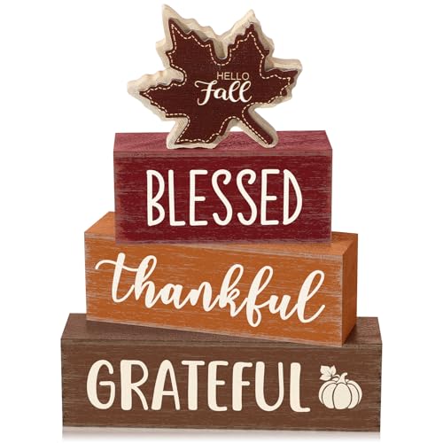 Yousoontic 4 Pcs Hello Fall Figurines Set, Rustic Farmhouse Decor - style: Fall Maple Leaf