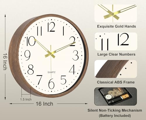 2 Pack 16 Inch Wall Clock, Silent Analog Clock Battery Operated - color: Brown Wood Grain, size: 16In-2Pcs