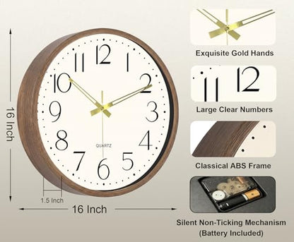 2 Pack 16 Inch Wall Clock, Silent Analog Clock Battery Operated - color: Brown Wood Grain, size: 16In-2Pcs