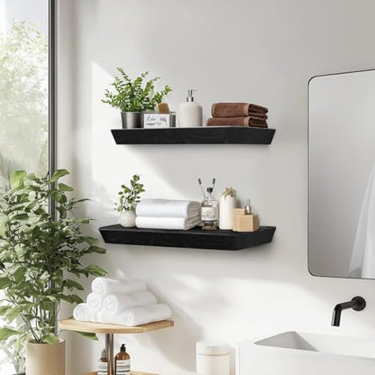 16x6.8x1.6in Slanted Solid Wood Floating Wall Shelves 2-Pack Black - color: Black, size: 16"-Set of 2