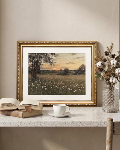 VIYYIEA Gold Framed Meadow Landscape Wall Art Canvas Painting, 13×16 Inch - color: Sunset Meadow Landscape, size: 16"L x 13"W