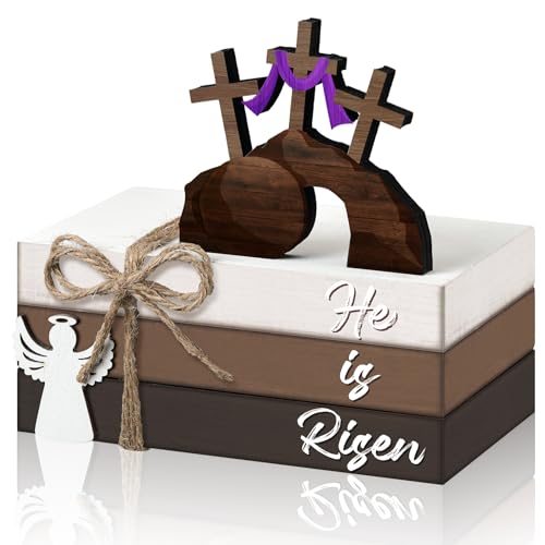 Spiareal 4 Pcs Easter Tiered Tray Decor He is Risen Wooden Sign Easter Religious Cross Christian Spring Table Centerpiece Decorative Stack Faux Book Block for Table Fireplace Mantel Floating Shelf - size: He is Risen