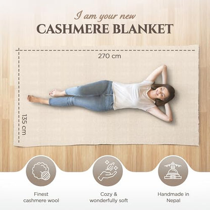 Cashmere Blanket – Hand Woven 100% Pure Wool Throw Blanket, 135 x 270 cm – Herringbone Pattern Cozy, and Soft Blanket for Bed, Sofa, or Couch - Made in Nepal - color: White Grey