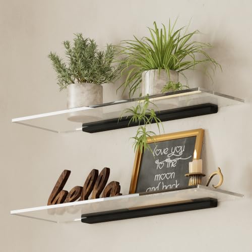 QsQueen Acrylic Floating Shelves with Solid Wood Base, Wall Mounted Shelf for Plants, Perfume, Nail Polish, Bathroom, Bedroom & Living Room Decor - color: Black Board, size: 17inch