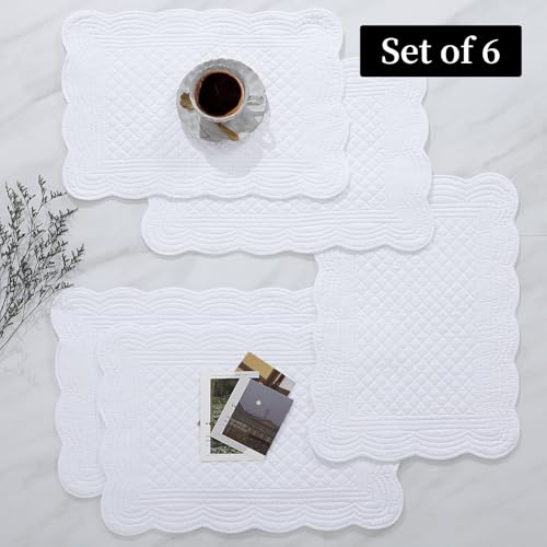 HOMBYS Quilted Placemats Set of 6 Washable-13x18 inches Rectangular Placemats for Kitchen Table-100% Cotton Fabric Rectangular Table Mats, (Pure White) - color: Pure White