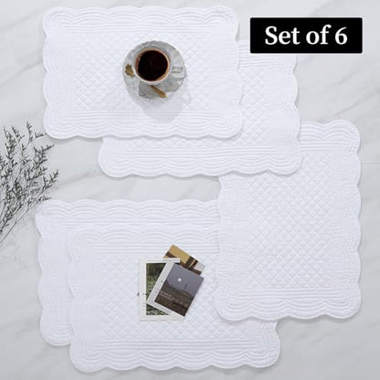 HOMBYS Quilted Placemats Set of 6 Washable-13x18 inches Rectangular Placemats for Kitchen Table-100% Cotton Fabric Rectangular Table Mats, (Pure White) - color: Pure White