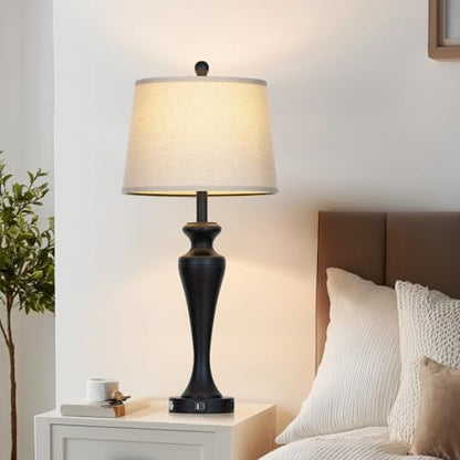 30" Black Table Lamps Set of 2, Touch Control Tall Living Room Lamp with USB A+C Ports and AC Outlet, 3-Way Dimmable Bedside Lamps for Nightstand, Modern Metal Bedroom Lamp, 2 Bulbs Included - color: Black