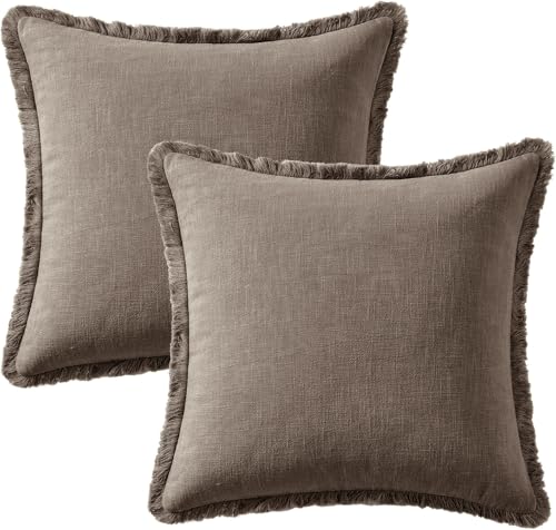 24x24 Inch Set of 2 Euro Linen Fringe Throw Pillow Covers,Coffee - color: Coffee, size: 24" x 24" (Pack of 2)