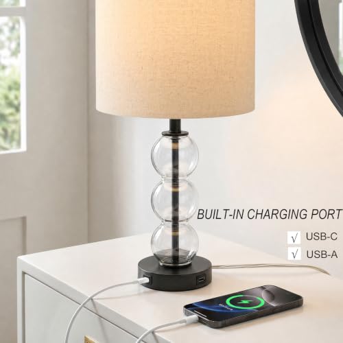 Oneach 25" Glass Table Lamps Set of 2, Black Modern Table Lamps with USB Ports for Living Room, Linen Shade Bedside Lamps for Bedroom, Nightstand, Side Table (Bulbs not Included) - color: Black