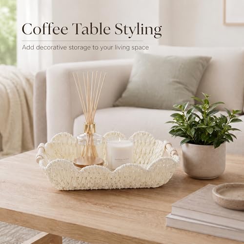 Coeusy Set of 2 Paper Rope Scalloped Baskets, Cute Wicker Baskets White - color: White