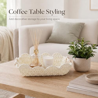 Coeusy Set of 2 Paper Rope Scalloped Baskets, Cute Wicker Baskets White - color: White