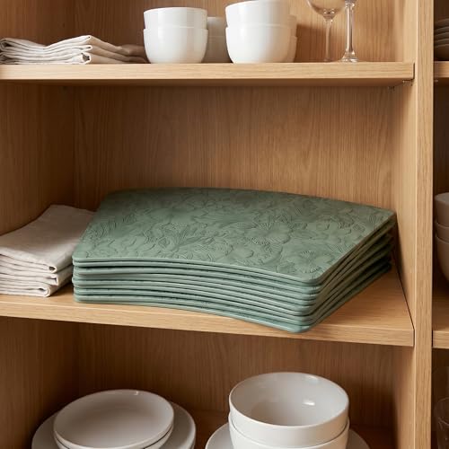 Faux Leather Set of 6, Placemats with Carving Floral Design - color: Green