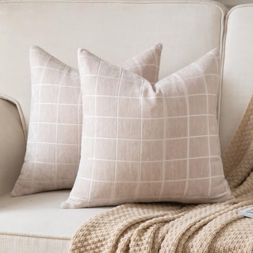 Set of 2 Chenille Check Throw Pillow Covers Decorative Vintage Plaid Pillowcase Neutral Boho Couch Pillows Farmhouse Cushion Covers for Sofa Couch Living Room 60x60 Inch,Beige - color: Beige, size: 24" x 24" (Pack of 2)