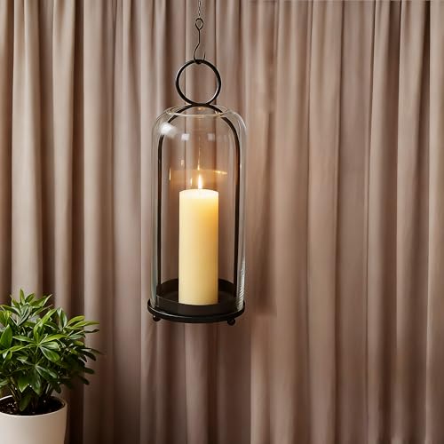 16" High Versatile Modern Metal Hurricane Lantern with Handmade Sturdy Glass Dome in Black for Pillar Candle & Plants, Industrial, Farmhouse, Shabby Chic (Black, 6.3:x16.5) - color: Black, size: 6.3"x16.5"