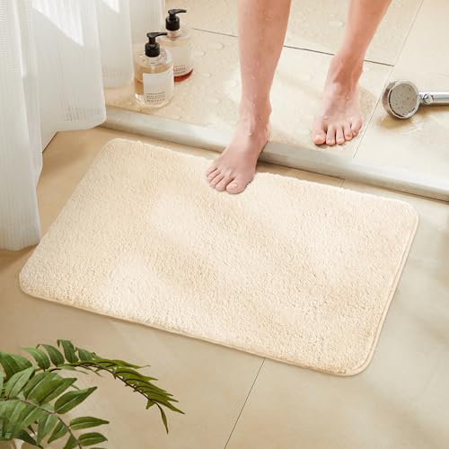 TECHMILLY Fluffy Bathroom Rug Mat Small 24x17, Absorbent Thick Microfiber Mats with Non Slip Rubber Backing, Quick Dry Machine Washable Bath Rugs for Bathroom Floor, Bathtub and Shower, Cream - color: Cream, size: 1'5" x 2' (Rectangular)