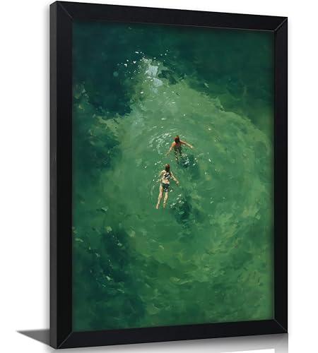 Framed Green Ocean Swim Wall Art, Green Summer Beach Canvas Print, Minimalist Beach House Wall Decor, Modern Ocean Poster Artwork for Living Room Bedroom Bathroom,12x16in - color: swim, size: 16"Lx12"W