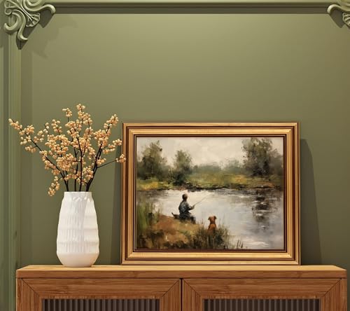 Devunaty Gold Framed Vintage Wall Art Boy Fishing Wall Decor Paintings Funny Dog and Boy Landscape Canvas Print Picture Retro Country Farmhouse Artwork for Kids Bedroom Living Room Decor 12"x16" - color: Boy Fishing, size: 16"L x 12"W