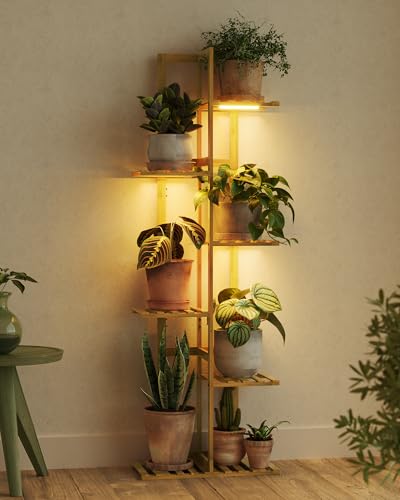 Bamworld Bamboo Plant Stand with Grow Light, 6 Tiered Plant Shelf 48 Inch - color: Natural 6Tiered Pro
