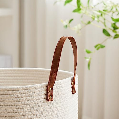 VIPOSCO 100L Tall Woven Rope Laundry Hamper, Leather Handles, White & Brown - color: Brown, size: 100L