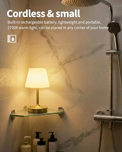 PUSU Cordless LED Gold Small Table Lamp, Waterproof Shower Desk lamp - color: Electroplated Gold (Metal + PE Plastic)