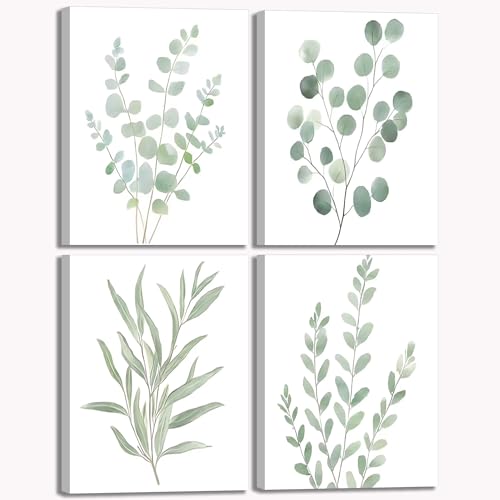 4Pcs Eucalyptus Botanical Canvas Wall Art Sage Green Bathroom Pictures Watercolor Mint Green Plant Leaves Poster Print Modern Minimalist Aesthetics Paintings Wall Decor for Bedroom 12x16in Framed - color: Canvas Frame, size: 16L" x 12W"