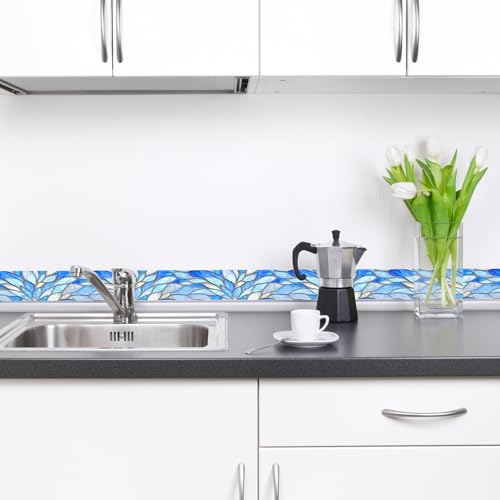 HOMETITUTE Peel and Stick Wallpaper Border 4x196in Blue Glass Pattern - color: Leaf texture