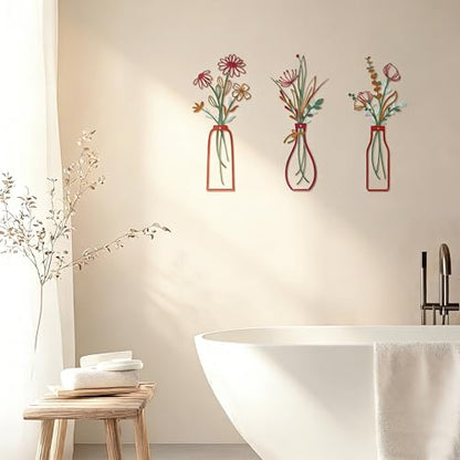 Embewhis Metal Wall Art Flowers 3pcs, Rustic Farmhouse Flower Sculptures, 13.7" Wall Art Decor, Drill-Free Install Option for Living Room, Kitchen, Bedroom & Bathroom - size: C