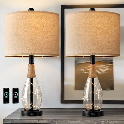 OYEARS 23" Table Lamps for Living Room Set of 2 Bedside Lamps for Night Stands Bedroom Lamps Farmhouse Rattan Boho Lamp Glass Nightlight End Table Lamp with USB C+A (Black),Two Light Points - color: Farmhouse Black