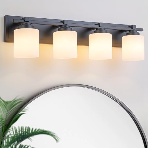 Modern Bathroom Light Fixtures Over Mirror, Vanity Lights for Bathroom Wall Sconces with Milky White Glass Shades, E26 Socket (Bulbs Not Included), 4 Light, Black - color: Black, size: 27.16 inch-4-Light