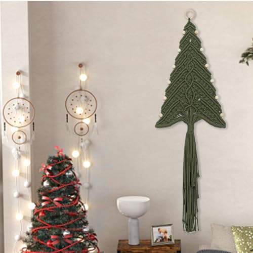 LB Macrame Christmas Tree Wall Hanging, Green Christmas Tree Wall Art Handmade Woven with Wood Beads Xmas Holiday Tapestry Funny Xmas Ornament for Bedroom Living Room Rustic Xmas Decor,10X31 Inch - color: Dark Green