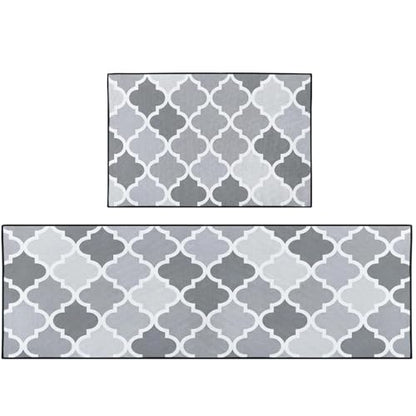 Kitchen Rugs Set of 2 Non Slip WashableGeometric Moroccan - color: Gray Quatrefoil