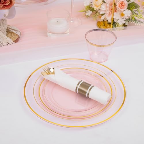 WELLIFE 210Pcs Clear-Pink Plastic Dinnerware- Pink and Gold Plastic Dinnerware include 30 Dinner Plates, 30 Dessert Plates, 90 Gold Silverware, 30 Cups and 30 Napkins Perfect for Parties - color: Clear Pink and Gold, style: 210PCS（30 Guests）