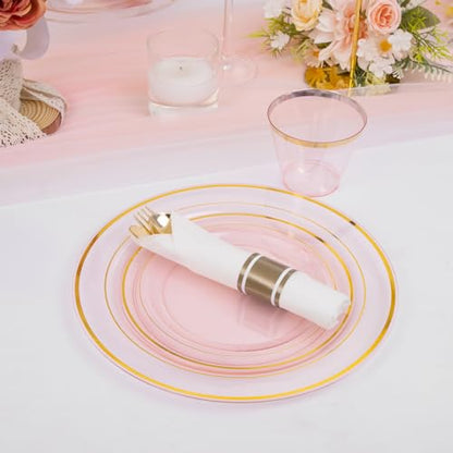 WELLIFE 210Pcs Clear-Pink Plastic Dinnerware- Pink and Gold Plastic Dinnerware include 30 Dinner Plates, 30 Dessert Plates, 90 Gold Silverware, 30 Cups and 30 Napkins Perfect for Parties - color: Clear Pink and Gold, style: 210PCS（30 Guests）