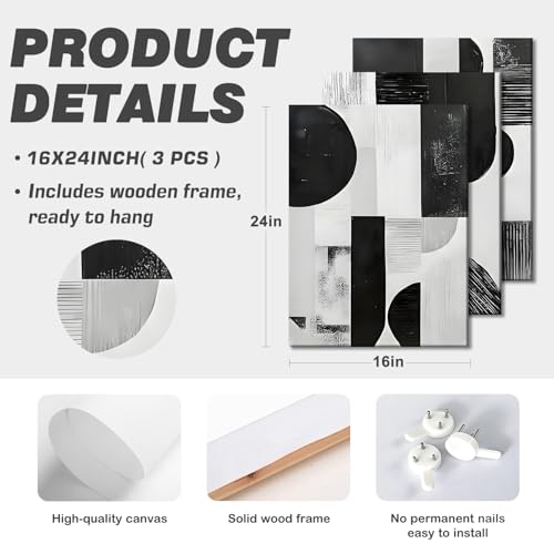 LYYGLYY 3Pcs Framed Black and White Geometric Canvas Wall Art 16x24 Inches - color: Black White Blocks, size: 16x24 Inches