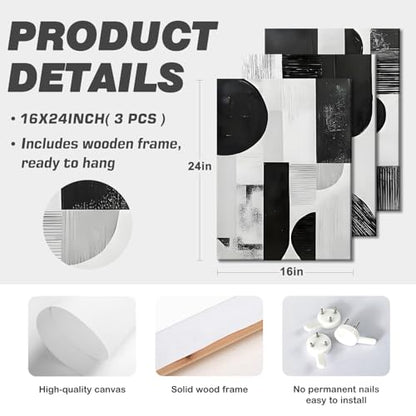 LYYGLYY 3Pcs Framed Black and White Geometric Canvas Wall Art 16x24 Inches - color: Black White Blocks, size: 16x24 Inches