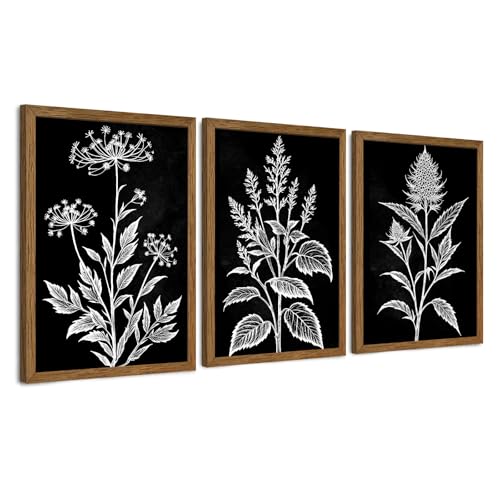 AVECCO 3 Pieces Black White Botanical Wall Art Canvas Framed 12x16 Inch - color: Dark, size: 16"L x 12"W