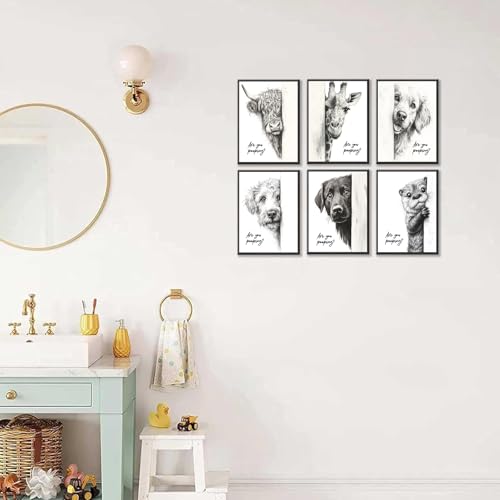 Funny Bathroom Wall Art Set of 6 Black and White Bathroom Posters Unframed - color: Animal Prints
