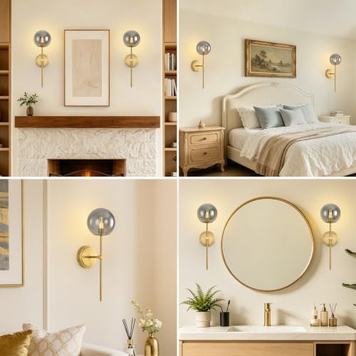 Globe Battery Operated Sconce Set of 2 with Clear Glass Lampshade - color: Gold-Smoky Gray