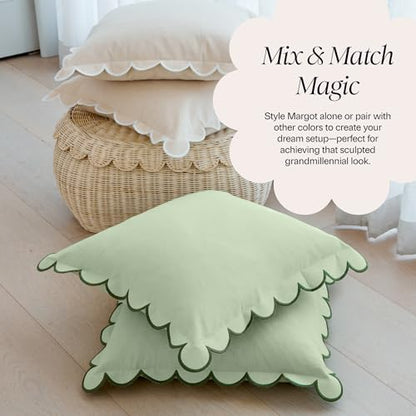 BEBE BASK Scalloped Pillow Cover Set of 2, 18x18, Cotton - Moss Green - color: Moss Green/Green