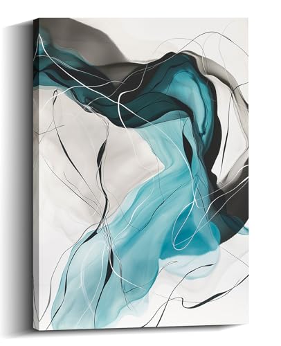 Abstract Canvas Wall Art - Black and Cyan Textured Pictures Gray White Painting PPrints Contemporary Art Modern Abstract Wall Decor Framed Gallery Wrap Ready to Hang(Art-2,12.00x18.00 inch) - color: Art-2, size: 18"L x 12"W