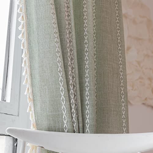 RoomTalks Sage Green Boho Farmhouse Curtains for Bedroom Living Room 84 Inch Length French Country Spring Cute Textured Window Curtain Panels Striped Bohemian Chic Tassel Draperies, 84’’L x 52’’W - color: Sage Green, size: 52"W x 84"L (Pack of 2)