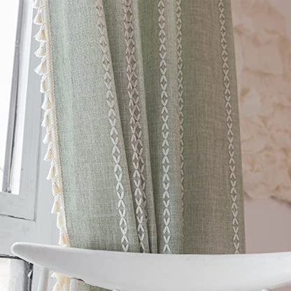 RoomTalks Sage Green Boho Farmhouse Curtains for Bedroom Living Room 84 Inch Length French Country Spring Cute Textured Window Curtain Panels Striped Bohemian Chic Tassel Draperies, 84’’L x 52’’W - color: Sage Green, size: 52"W x 84"L (Pack of 2)