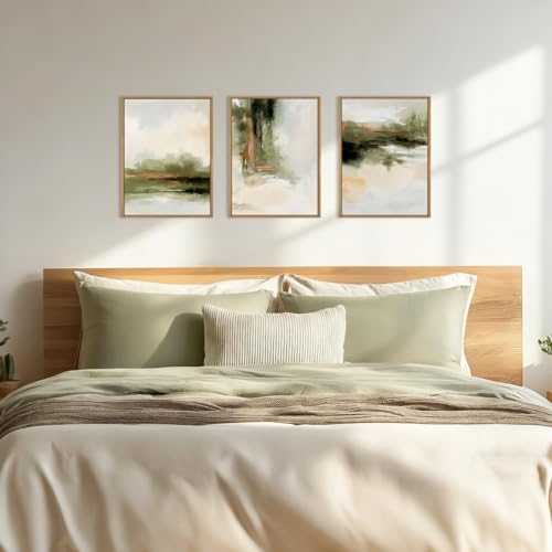 KAIRNE Green Brown Abstract Neutral Framed Canvas Wall Art Set-12"x16"x3 - color: Green Abstract Wall Art, size: 12"L x 16"W