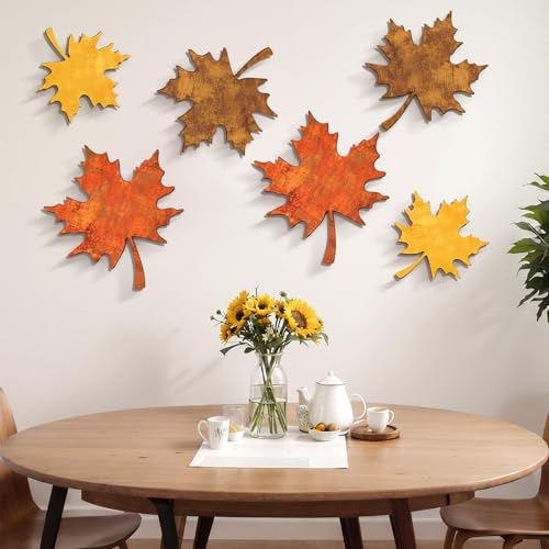 CroBlissful 6 Pcs Fall Maple Leaves Wall Decor Autumn Wooden Wall Art - size: 9.45 in, style: Solid