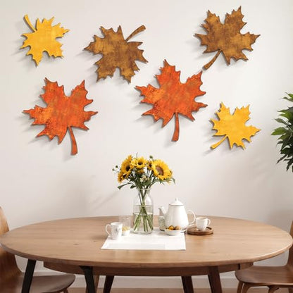 CroBlissful 6 Pcs Fall Maple Leaves Wall Decor Autumn Wooden Wall Art - size: 9.45 in, style: Solid