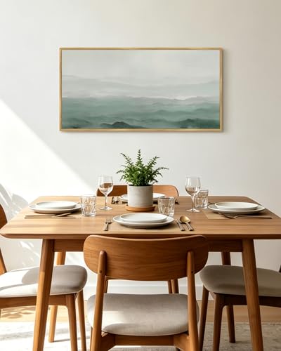 KUVIOKE Vintage Landscape Framed Wall Art Large 20x40in Minimalist Mountain Tan Green Neutral Toned Misty Nature Wilderness Illustrations Modern Art Decorative for Living Room Bedroom Natural Framed - color: Misty Mountain, size: 40"L x 20"W